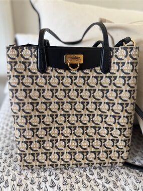 Salvatore Ferragamo Black & Beige Gancini Canvas Tote-